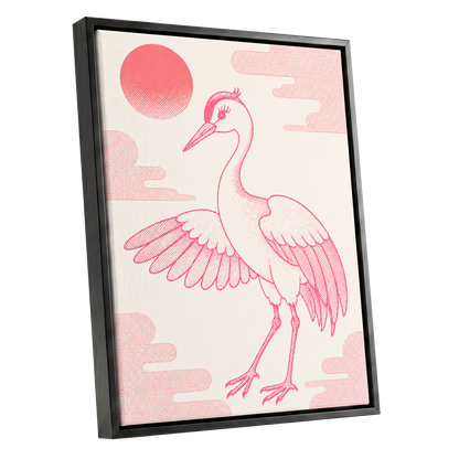 Crane in Blush Skies, pink, beige, white nature wall art shown as a black framed canvas wall art