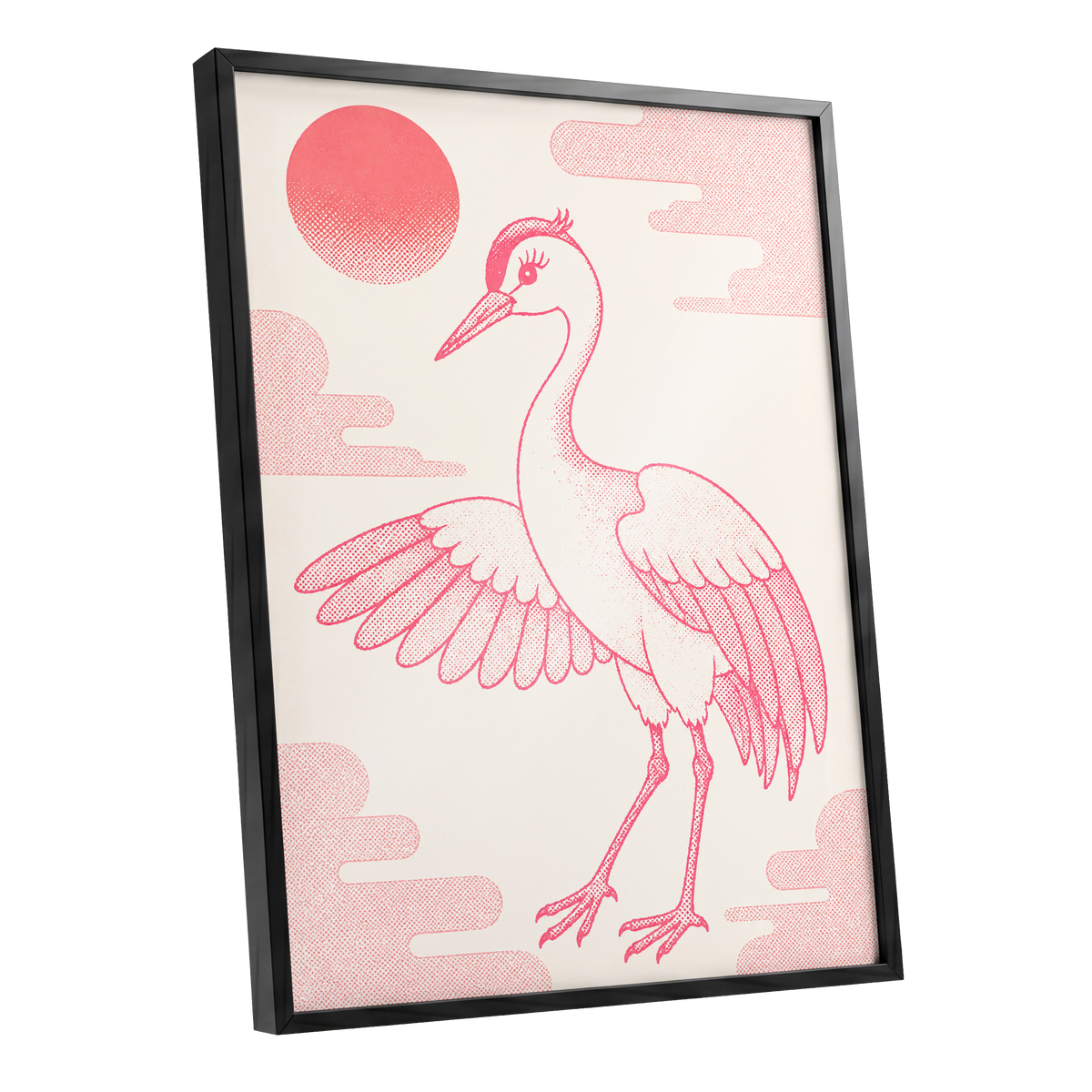 Crane in Blush Skies, pink, beige, white nature wall art shown as a black framed poster wall art print