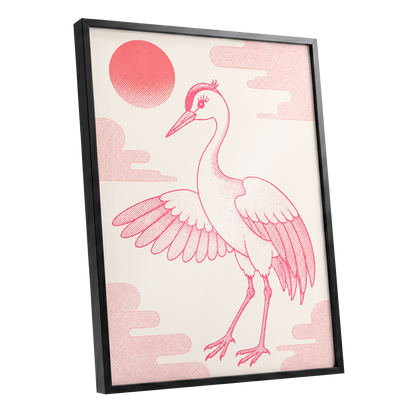 Crane in Blush Skies, pink, beige, white nature wall art shown as a black framed poster wall art print