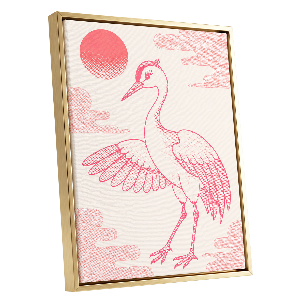 Crane in Blush Skies, pink, beige, white nature wall art shown as a gold framed canvas wall art