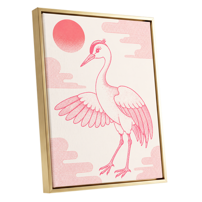 Crane in Blush Skies, pink, beige, white nature wall art shown as a gold framed canvas wall art