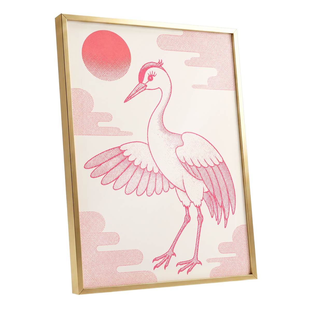 Crane in Blush Skies, pink, beige, white nature wall art shown as a gold framed poster wall art print