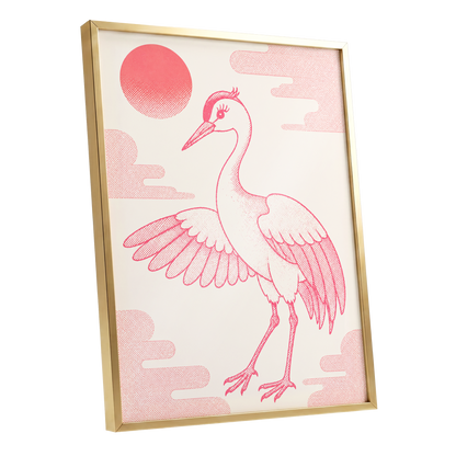 Crane in Blush Skies, pink, beige, white nature wall art shown as a gold framed poster wall art print