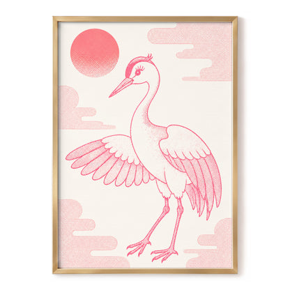 Crane in Blush Skies, pink, beige, white nature wall art, front artwork view