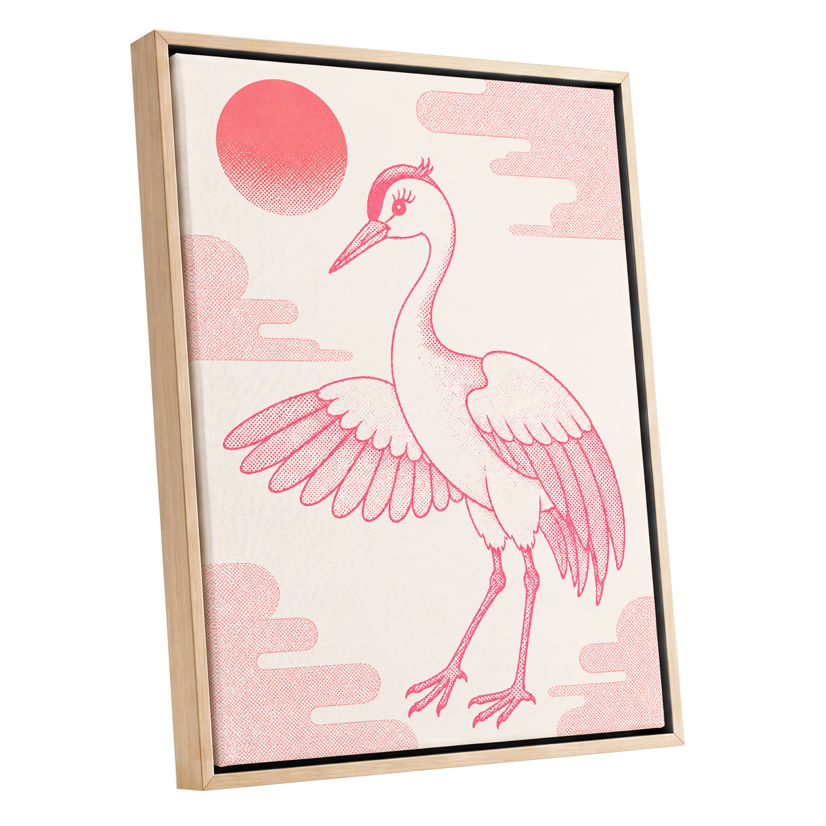 Crane in Blush Skies, pink, beige, white nature wall art shown as a oak framed canvas wall art