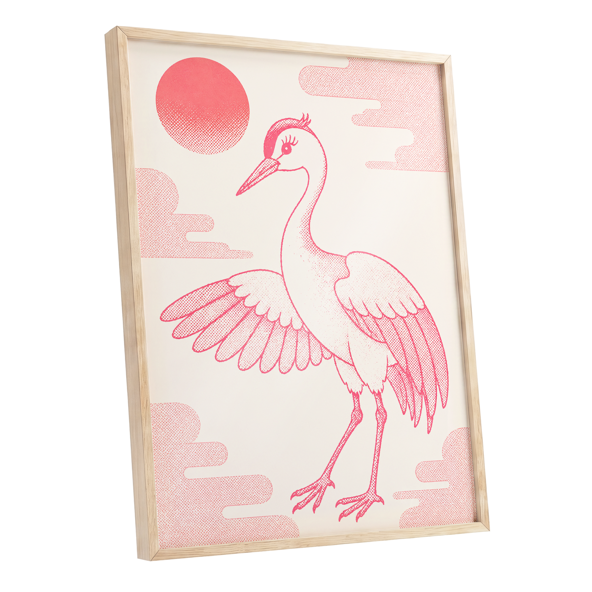 Crane in Blush Skies, pink, beige, white nature wall art shown as a oak framed poster wall art print