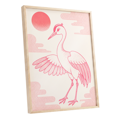 Crane in Blush Skies, pink, beige, white nature wall art shown as a oak framed poster wall art print