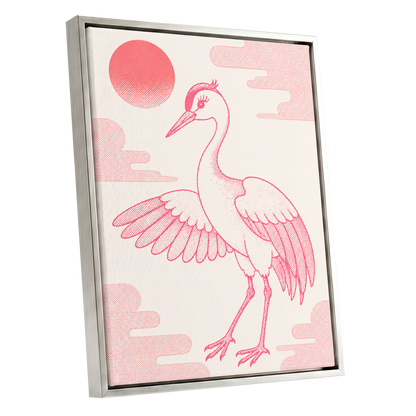 Crane in Blush Skies, pink, beige, white nature wall art shown as a silver framed canvas wall art