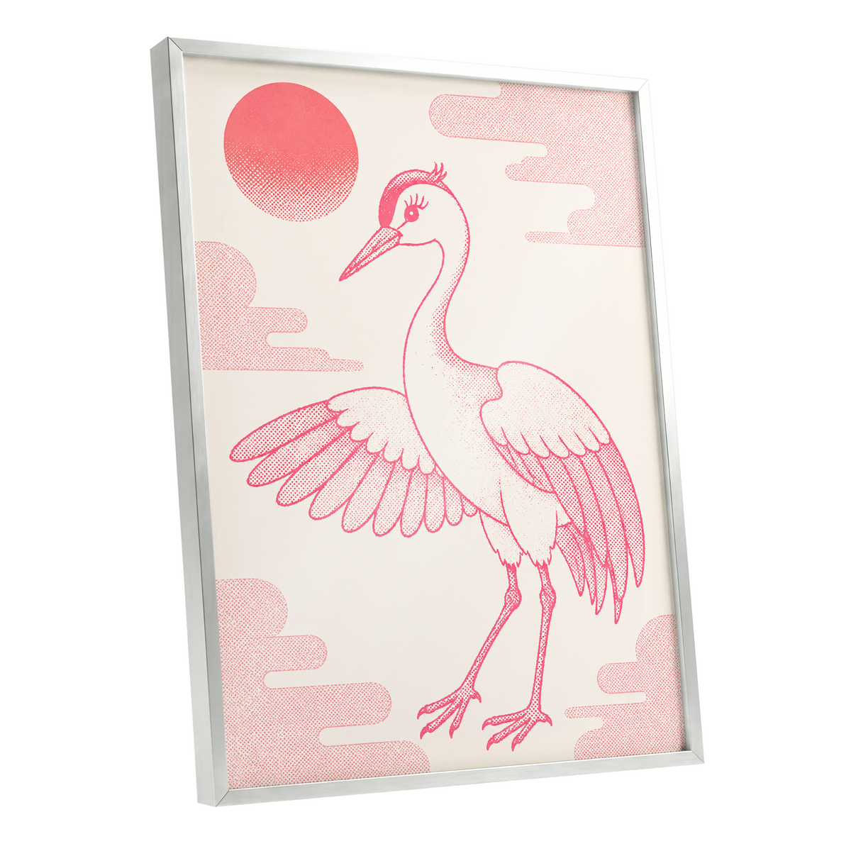 Crane in Blush Skies, pink, beige, white nature wall art shown as a silver framed poster wall art print