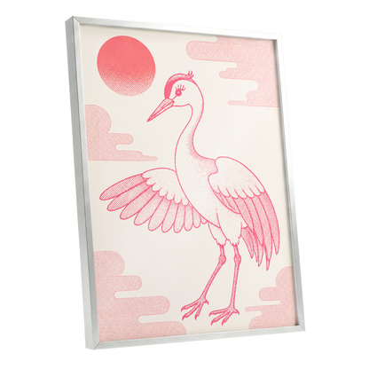 Crane in Blush Skies, pink, beige, white nature wall art shown as a silver framed poster wall art print