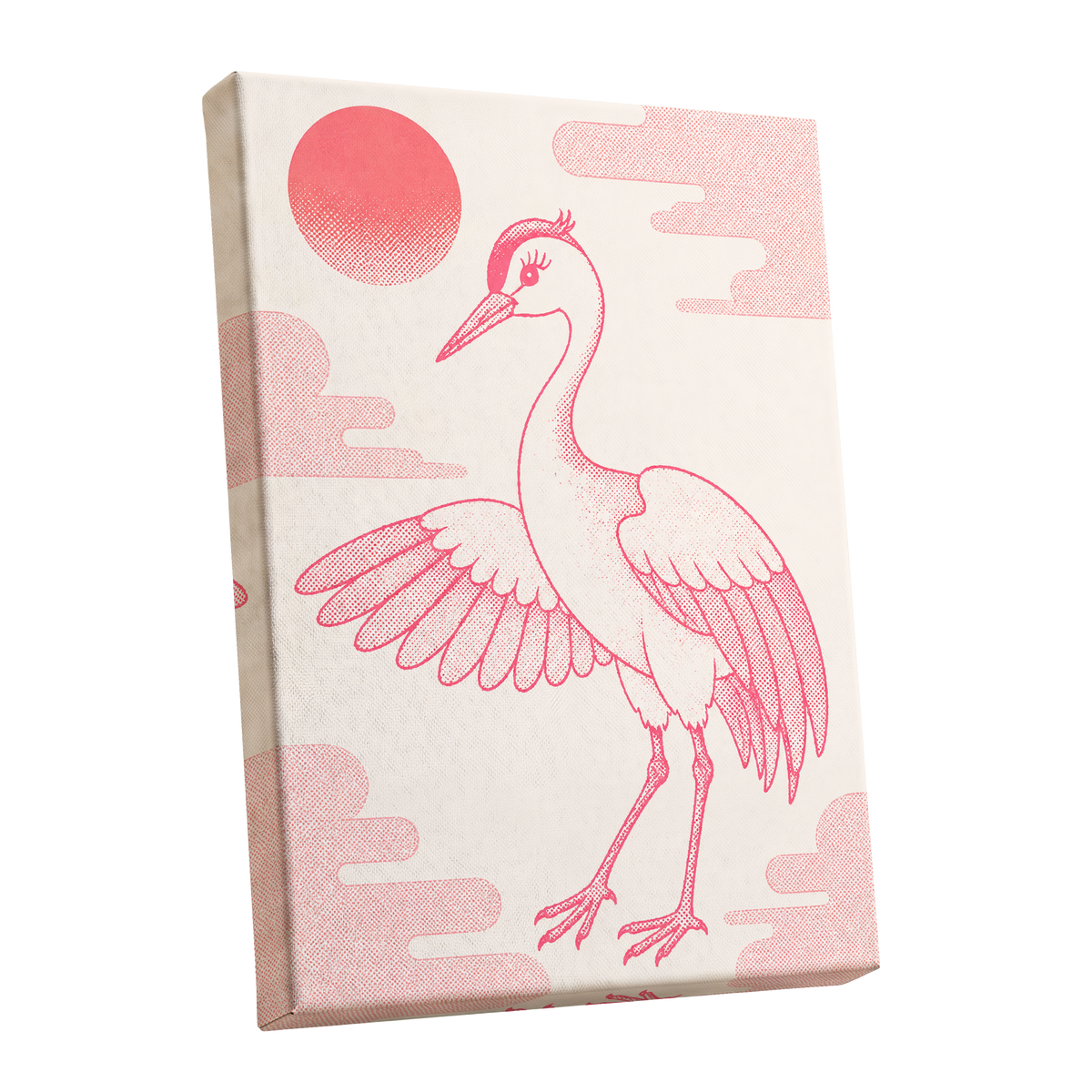 Crane in Blush Skies, pink, beige, white nature wall art shown as a stretched canvas wall art