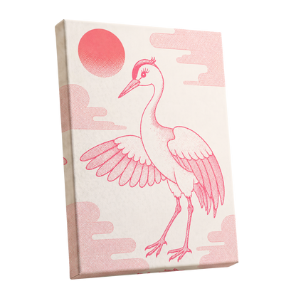 Crane in Blush Skies, pink, beige, white nature wall art shown as a stretched canvas wall art