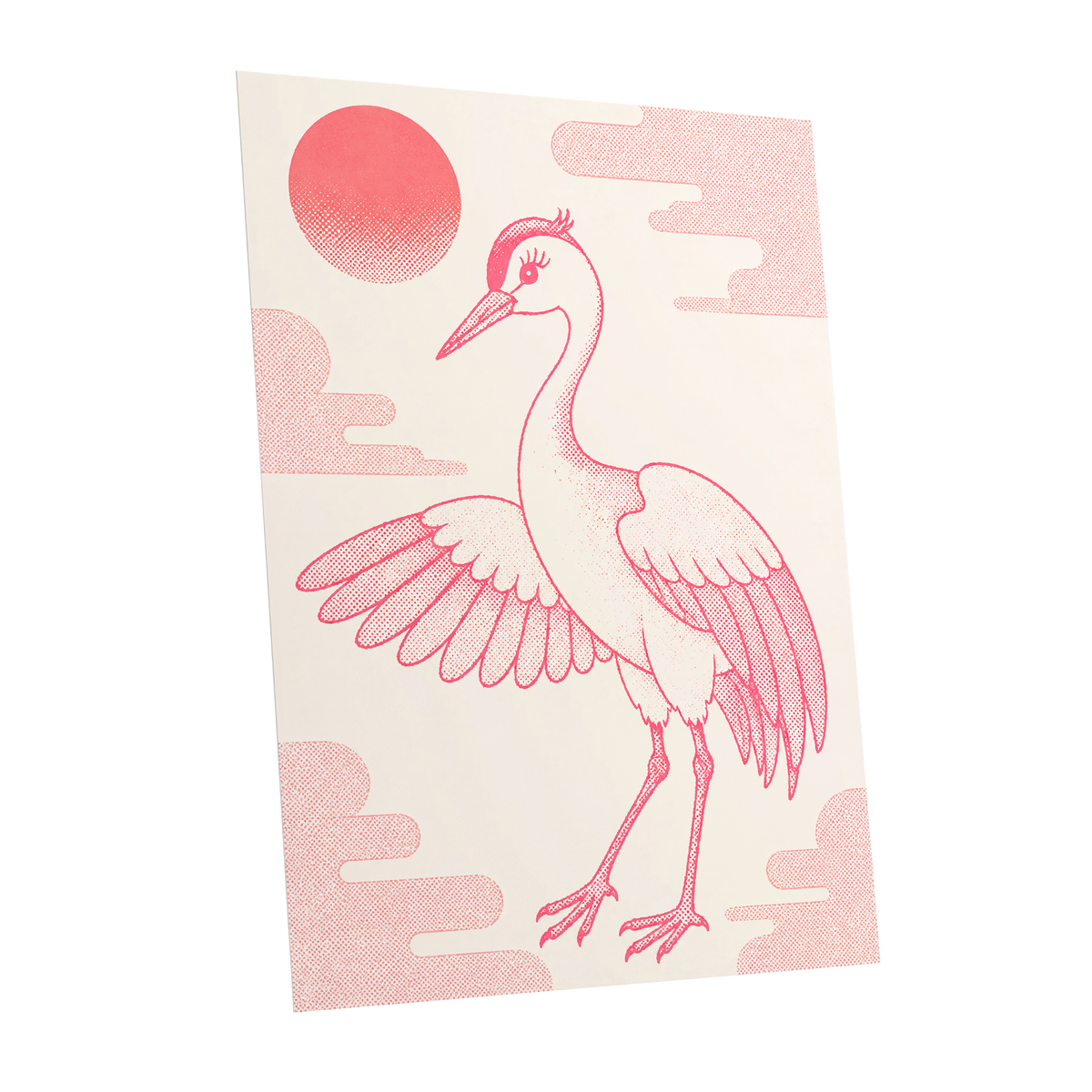 Crane in Blush Skies, pink, beige, white nature wall art shown as a unframed poster wall art print