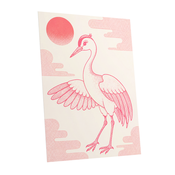 Crane in Blush Skies, pink, beige, white nature wall art shown as a unframed poster wall art print