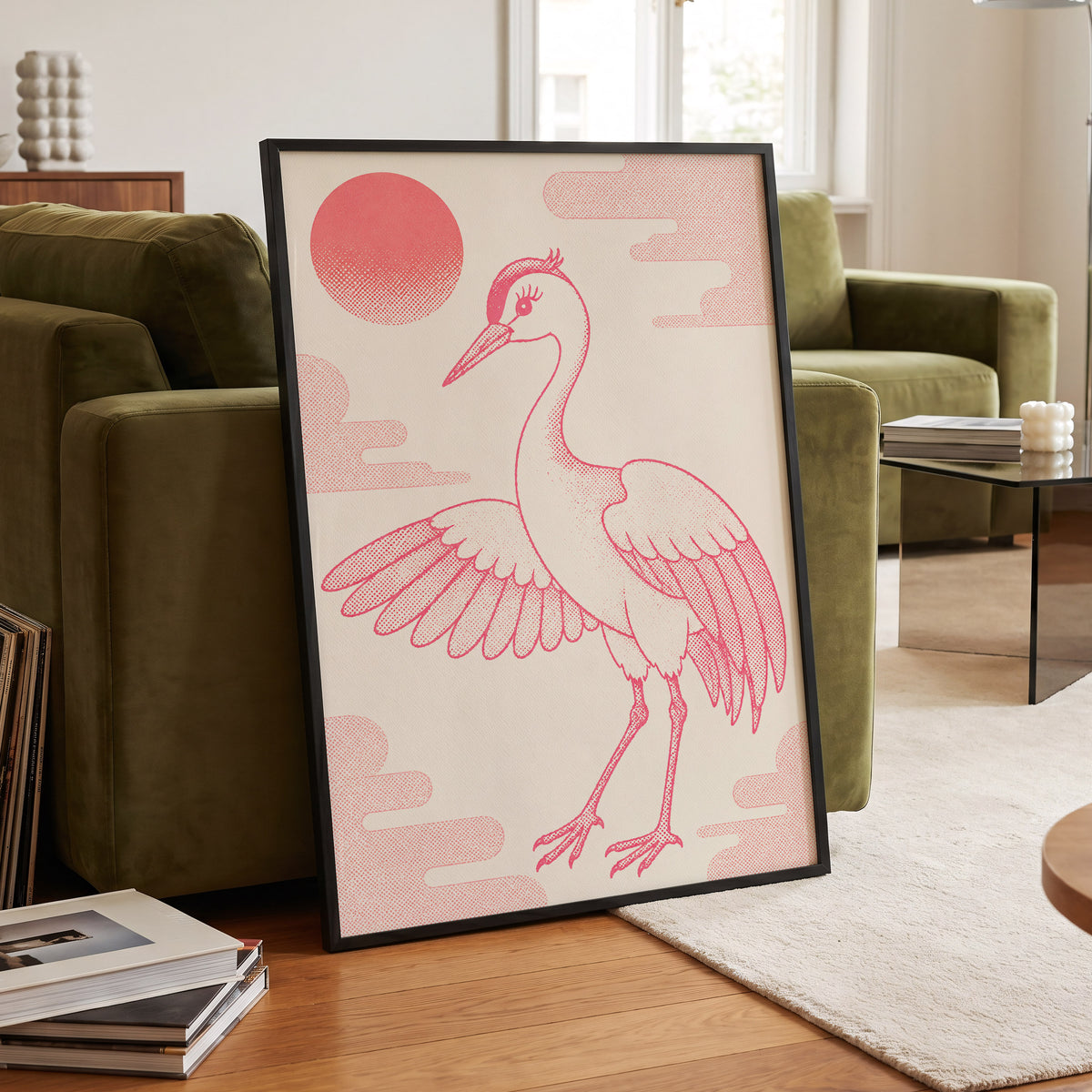Crane in Blush Skies, pink, beige, white nature wall art displayed in a styled interior, gallery view 2
