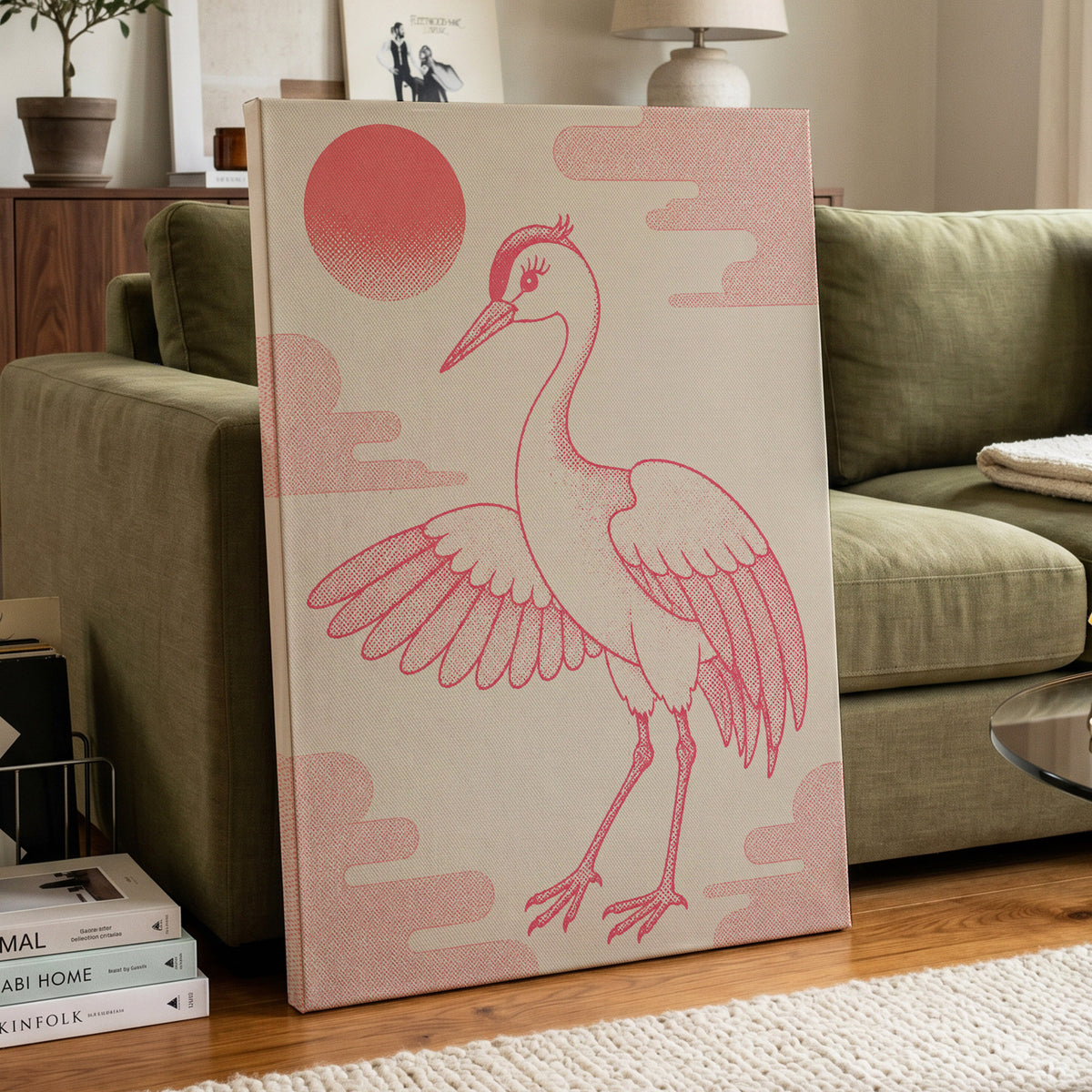 Crane in Blush Skies, pink, beige, white nature wall art displayed in a styled interior, gallery view 3