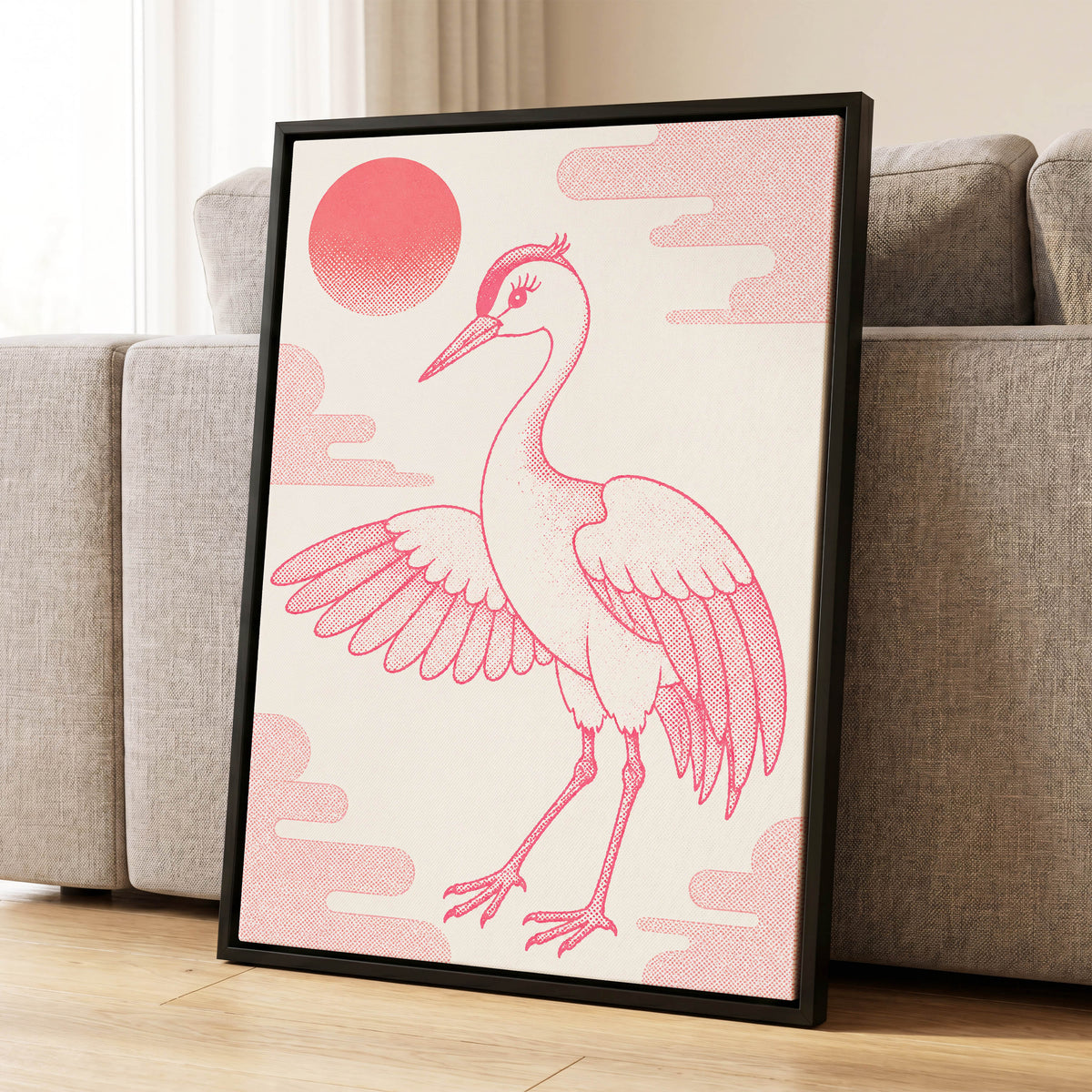 Crane in Blush Skies, pink, beige, white nature wall art displayed in a styled interior, gallery view 4