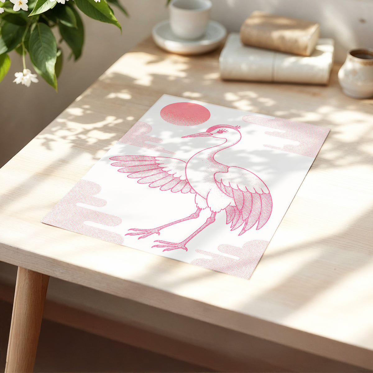 Crane in Blush Skies, pink, beige, white nature wall art displayed in a styled interior, gallery view 5