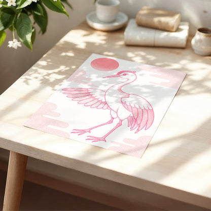 Crane in Blush Skies, pink, beige, white nature wall art displayed in a styled interior, gallery view 5