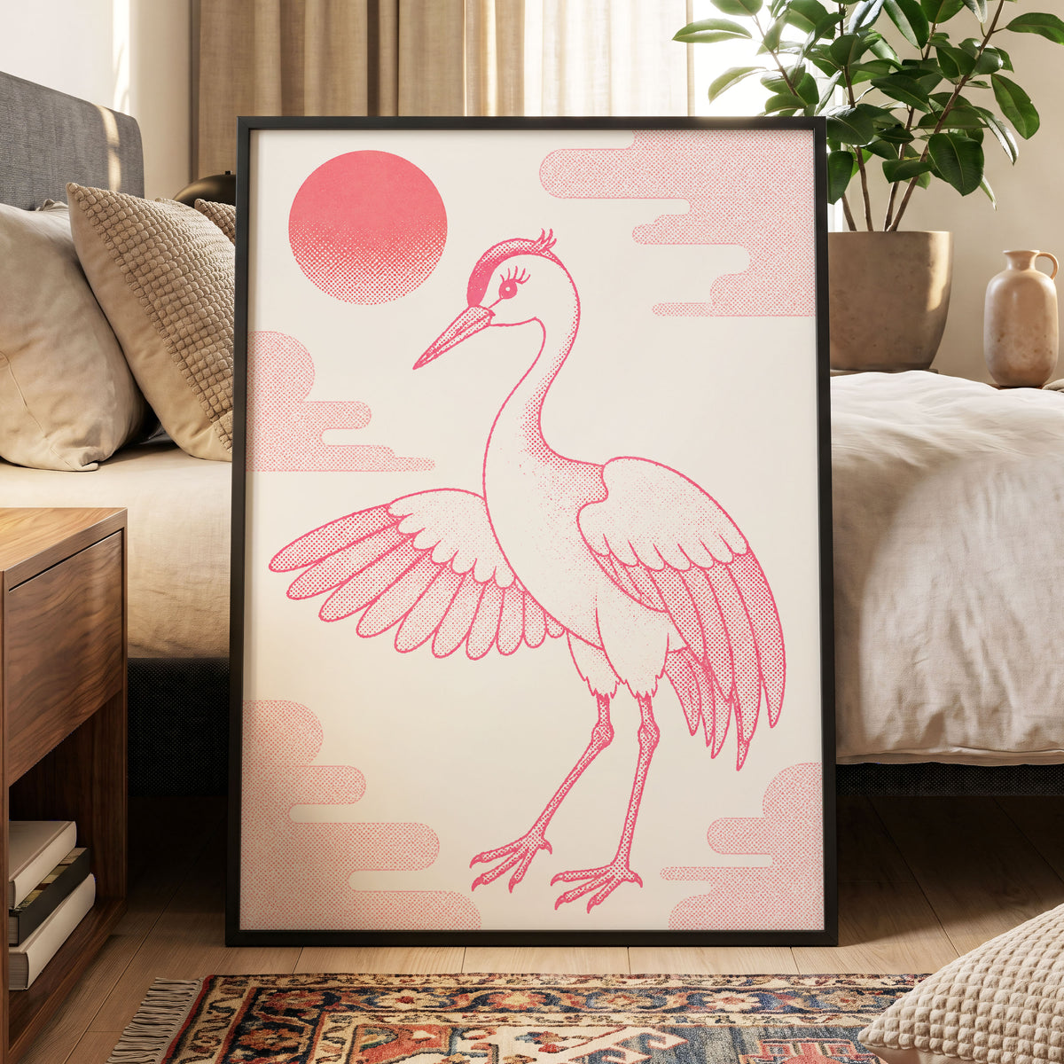 Crane in Blush Skies, pink, beige, white nature wall art displayed in a styled interior, gallery view 6