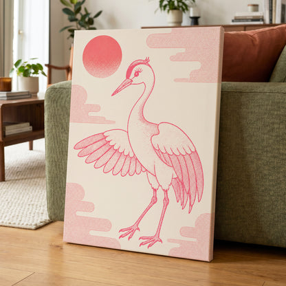 Crane in Blush Skies, pink, beige, white nature wall art displayed in a styled interior, gallery view 7