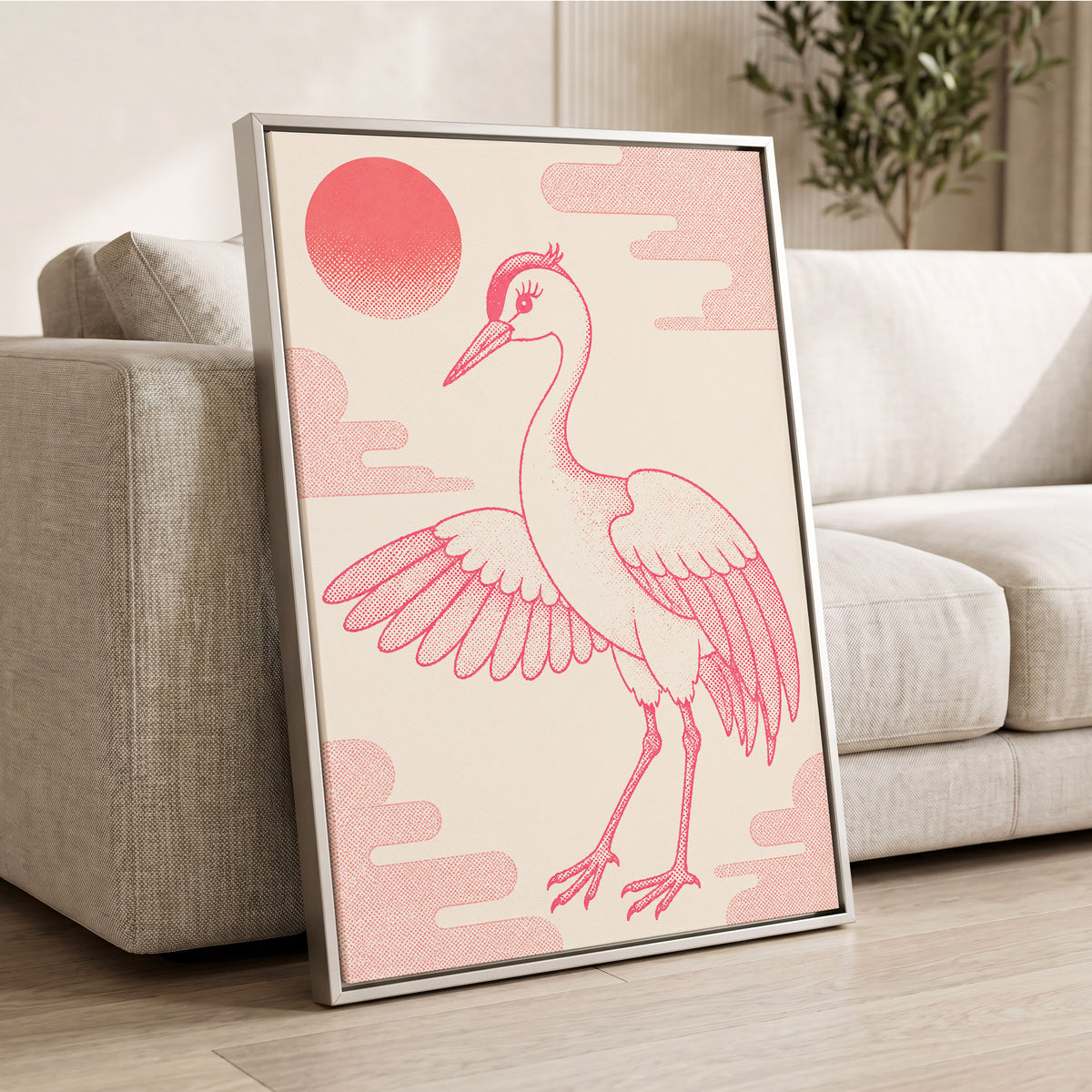 Crane in Blush Skies, pink, beige, white nature wall art displayed in a styled interior, gallery view 8