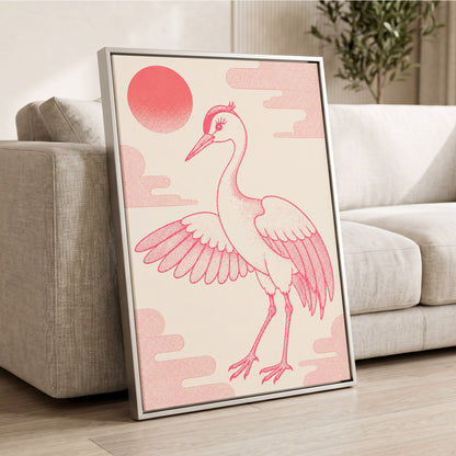 Crane in Blush Skies, pink, beige, white nature wall art displayed in a styled interior, gallery view 8