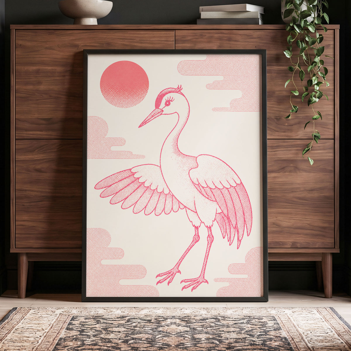 Crane in Blush Skies, pink, beige, white nature wall art displayed in a styled interior, gallery view 9