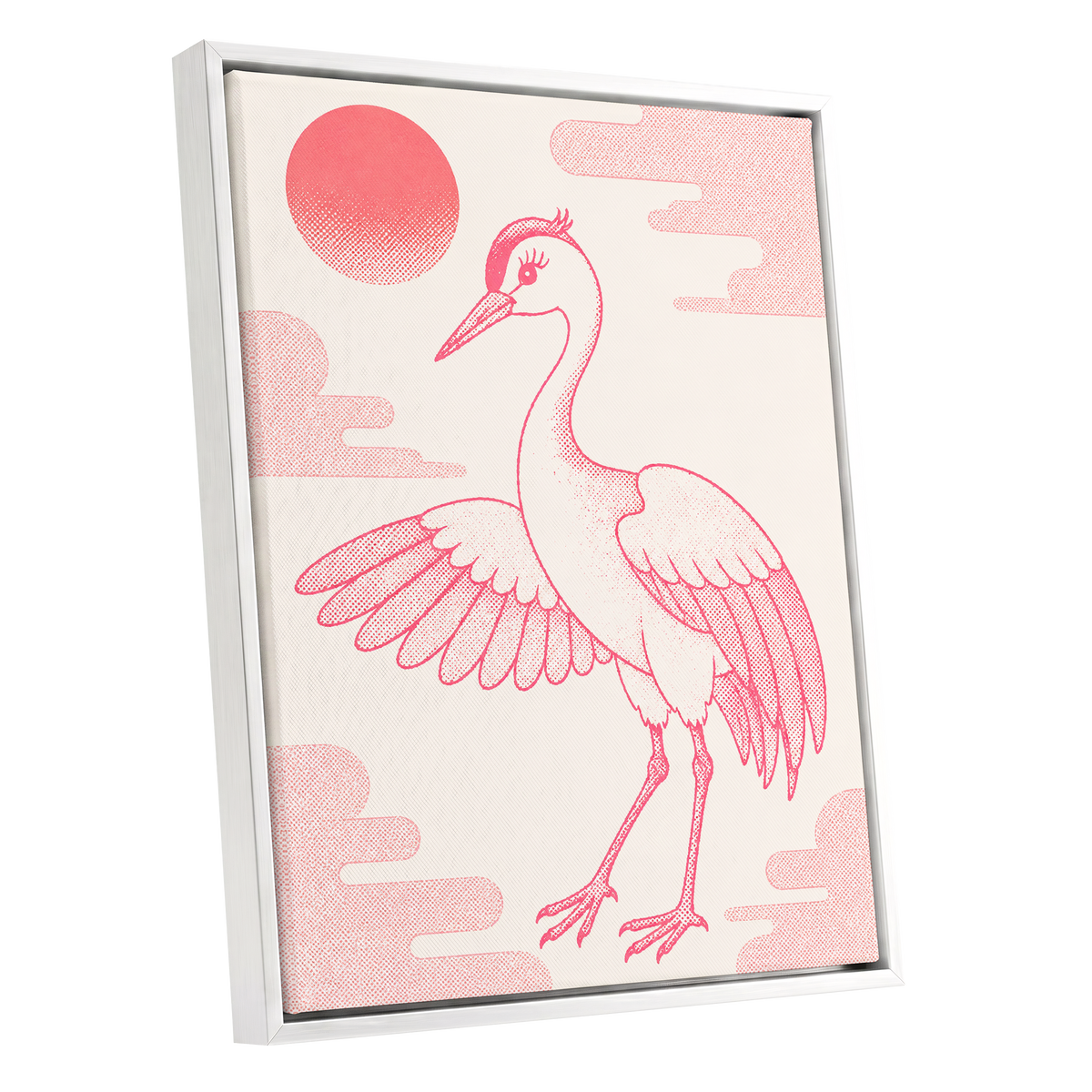 Crane in Blush Skies, pink, beige, white nature wall art shown as a white framed canvas wall art