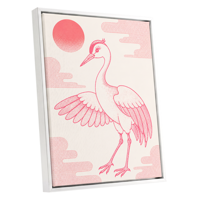Crane in Blush Skies, pink, beige, white nature wall art shown as a white framed canvas wall art