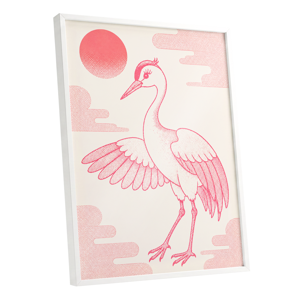 Crane in Blush Skies, pink, beige, white nature wall art shown as a white framed poster wall art print