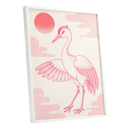 Crane in Blush Skies, pink, beige, white nature wall art shown as a white framed poster wall art print