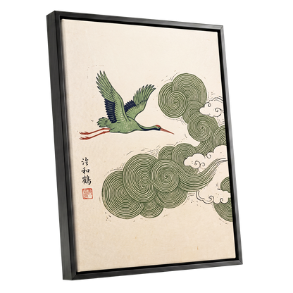 Crane Through Spiral Clouds, green, beige, black nature wall art shown as a black framed canvas wall art