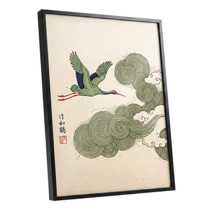 Crane Through Spiral Clouds, green, beige, black nature wall art shown as a black framed poster wall art print