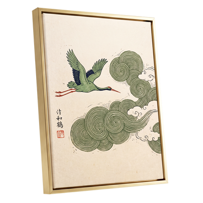 Crane Through Spiral Clouds, green, beige, black nature wall art shown as a gold framed canvas wall art
