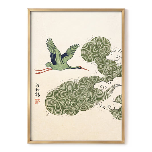 Crane Through Spiral Clouds, green, beige, black nature wall art, front artwork view