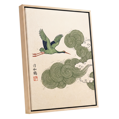 Crane Through Spiral Clouds, green, beige, black nature wall art shown as a oak framed canvas wall art