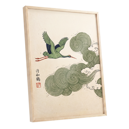 Crane Through Spiral Clouds, green, beige, black nature wall art shown as a oak framed poster wall art print