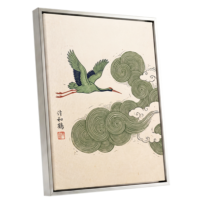 Crane Through Spiral Clouds, green, beige, black nature wall art shown as a silver framed canvas wall art