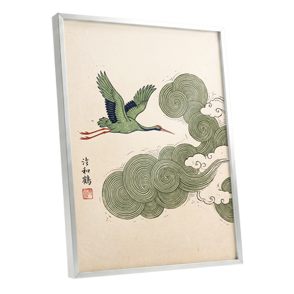 Crane Through Spiral Clouds, green, beige, black nature wall art shown as a silver framed poster wall art print