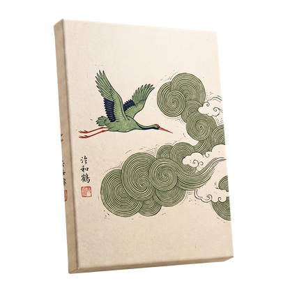 Crane Through Spiral Clouds, green, beige, black nature wall art shown as a stretched canvas wall art