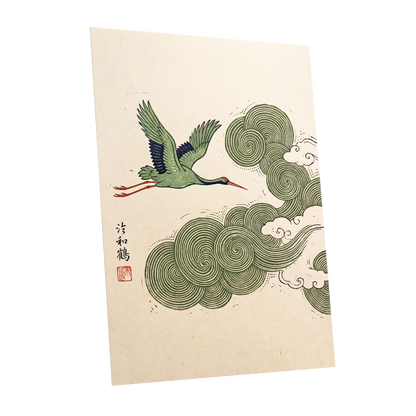 Crane Through Spiral Clouds, green, beige, black nature wall art shown as a unframed poster wall art print