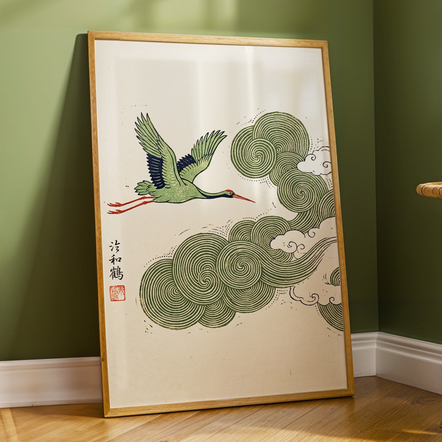 Crane Through Spiral Clouds, green, beige, black nature wall art displayed in a styled interior, gallery view 2