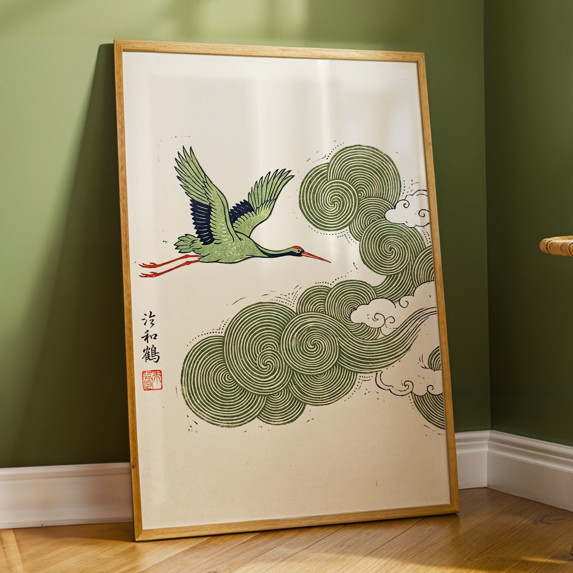 Crane Through Spiral Clouds, green, beige, black nature wall art displayed in a styled interior, gallery view 2