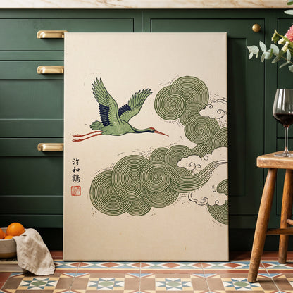 Crane Through Spiral Clouds, green, beige, black nature wall art displayed in a styled interior, gallery view 3