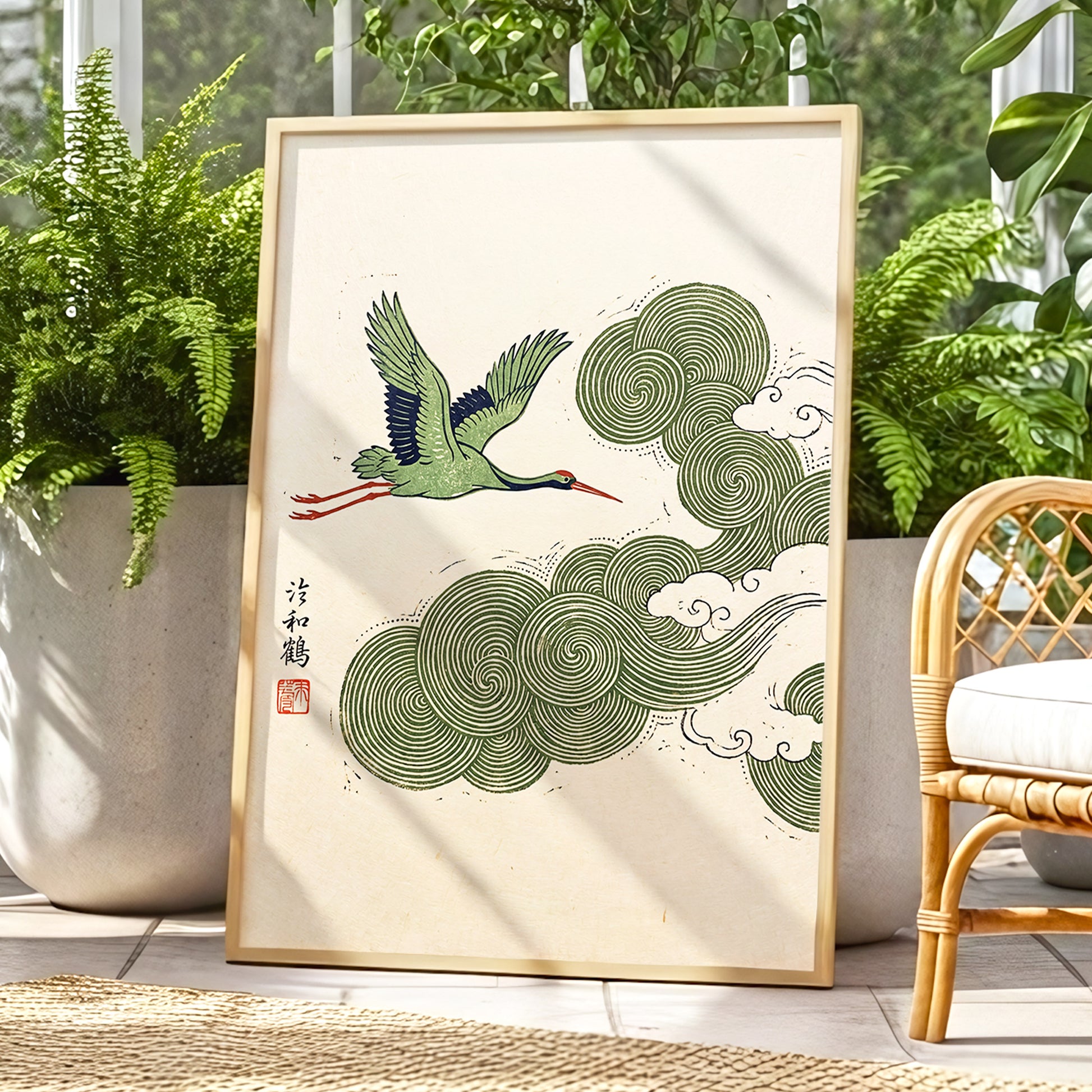 Crane Through Spiral Clouds, green, beige, black nature wall art displayed in a styled interior, gallery view 6