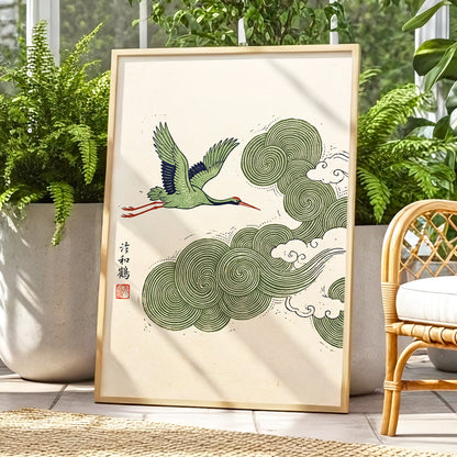 Crane Through Spiral Clouds, green, beige, black nature wall art displayed in a styled interior, gallery view 6