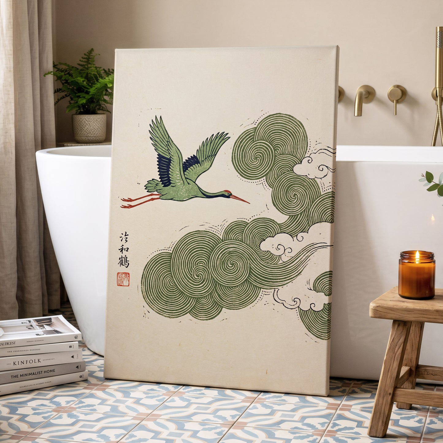 Crane Through Spiral Clouds, green, beige, black nature wall art displayed in a styled interior, gallery view 7