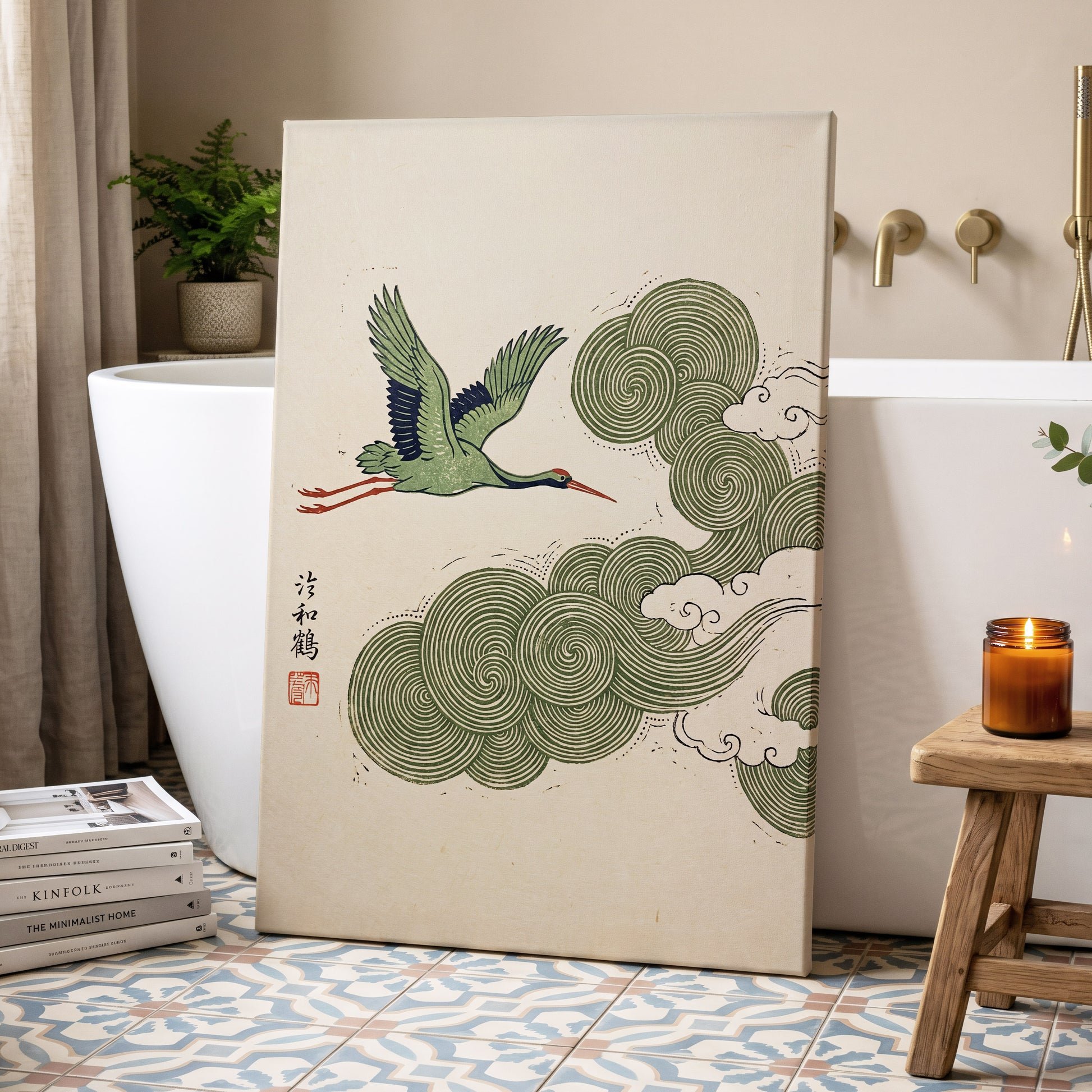 Crane Through Spiral Clouds, green, beige, black nature wall art displayed in a styled interior, gallery view 7