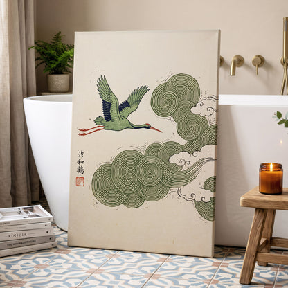 Crane Through Spiral Clouds, green, beige, black nature wall art displayed in a styled interior, gallery view 7